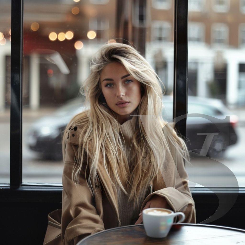 Lea Vance digital muse exuding futuristic fashion storytelling in a modern cafe setting with elegance and emotion.