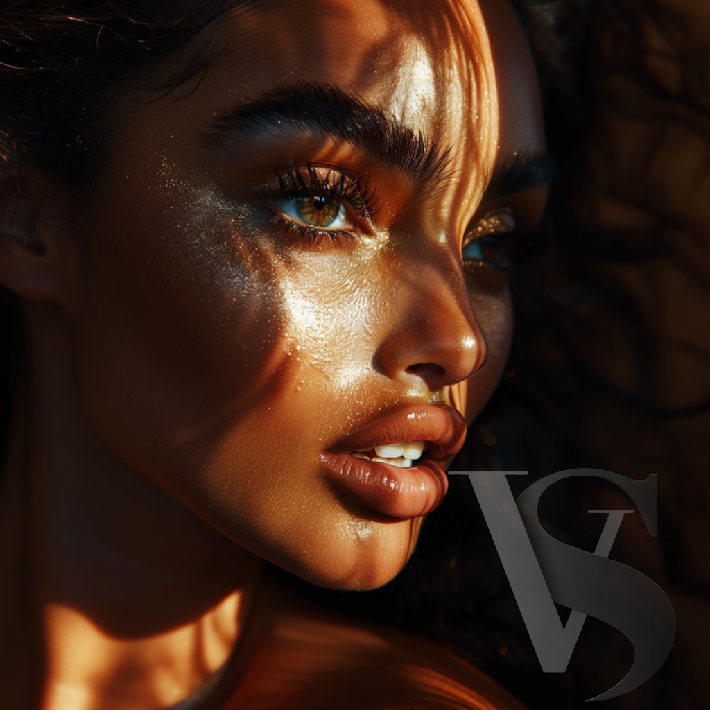 Sarai Noir golden muse with radiant skin and captivating gaze, showcasing elegance and allure.
