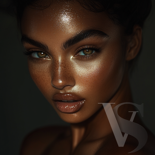 Sarai Noir golden muse beauty shot highlighting glowing skin and captivating features.
